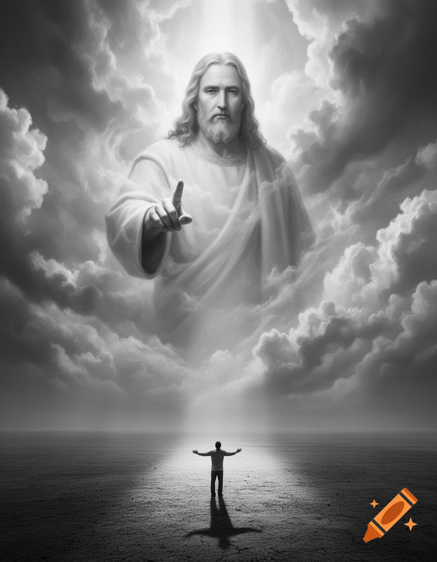 Grayscale art of Jesus in clouds pointing down at a small man on barren ground with arms outstretched under dramatic light.