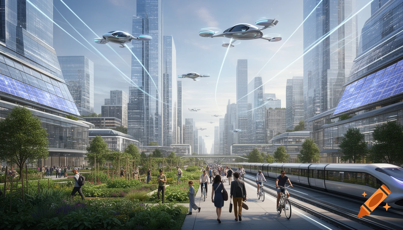 A bustling futuristic city with skyscrapers, flying vehicles, a modern train, and people walking and biking through lush community gardens.