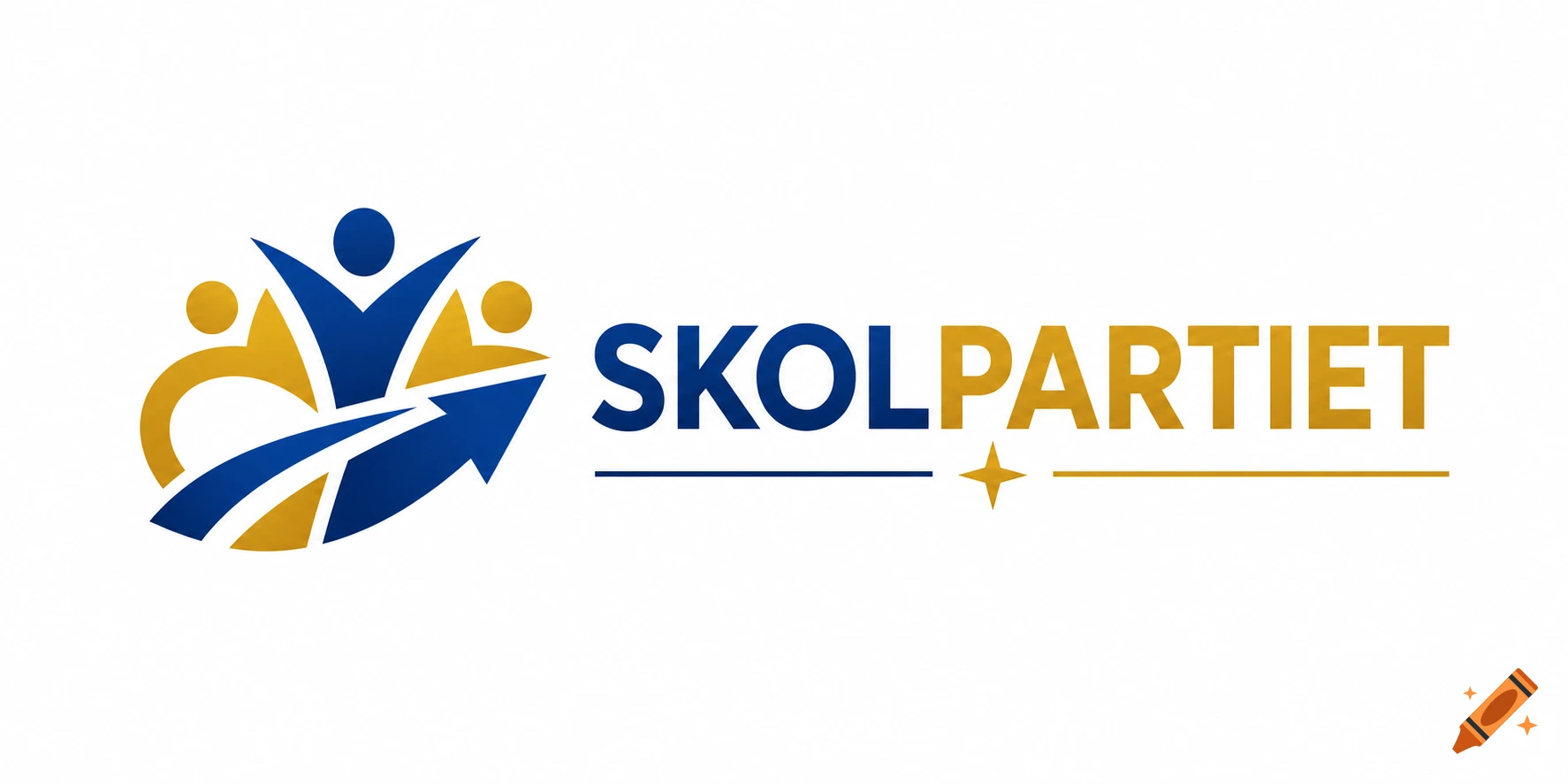 A blue and gold logo for 'SKOLPARTIET' features stylized human figures, an upward arrow, and a star.