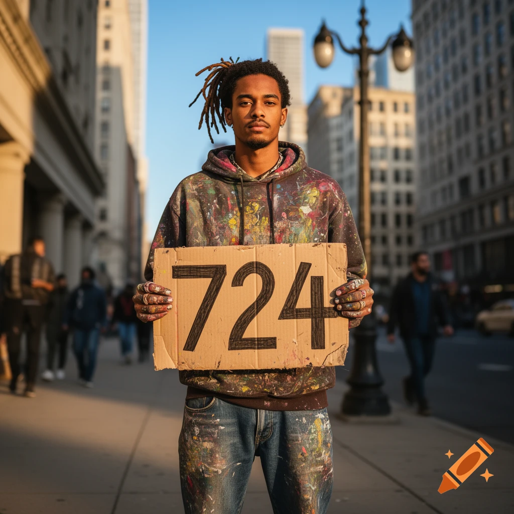 A photorealistic street artist with paint-splattered clothes and dreadlocks holds a sign with '724' on a city street.