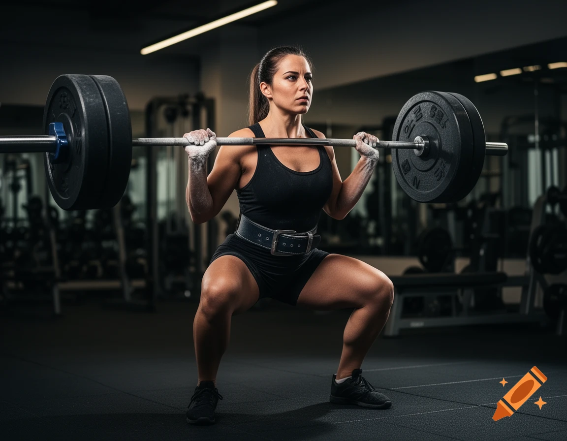 A strong woman powerlifter squats with a heavy barbell in a gym, wearing a lifting belt, with chalk on her hands. Photorealistic.