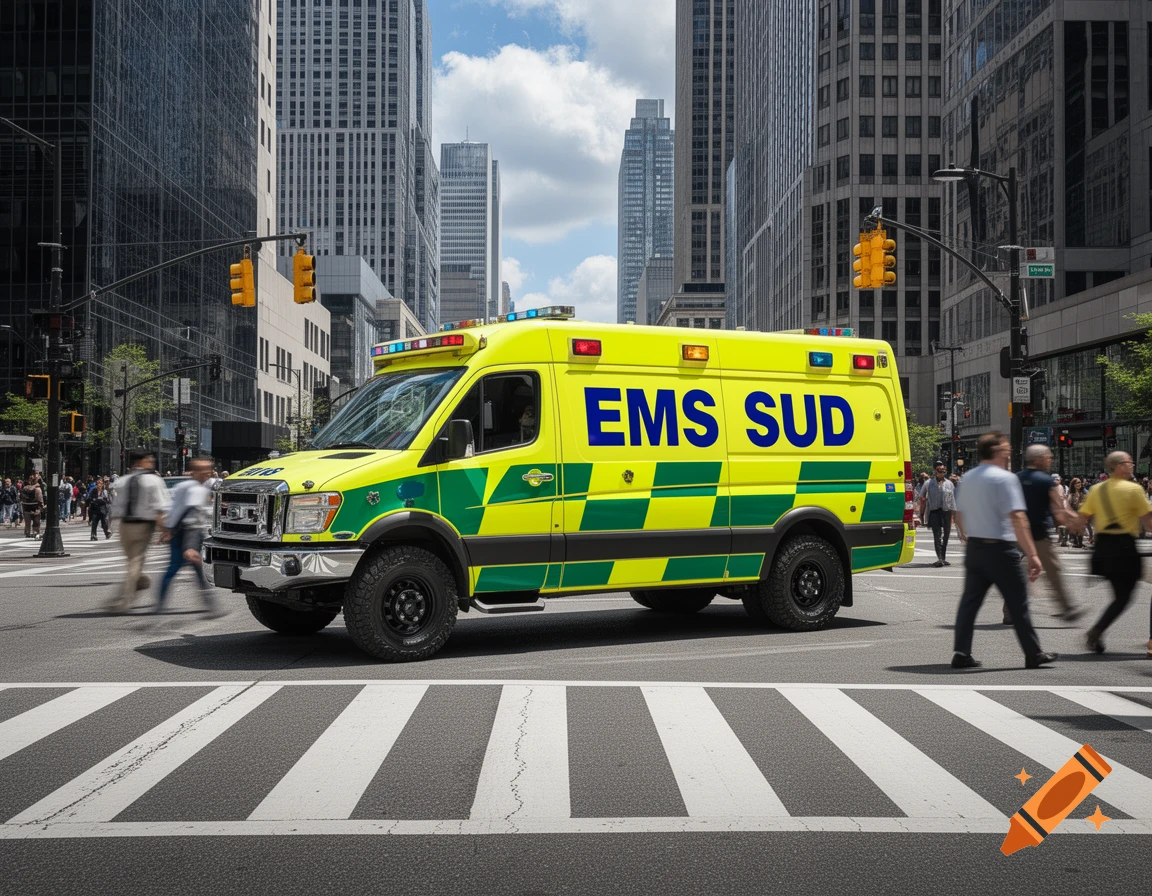 A bright yellow and green ambulance with "EMS SUD" on its side drives through a busy city street with tall buildings.