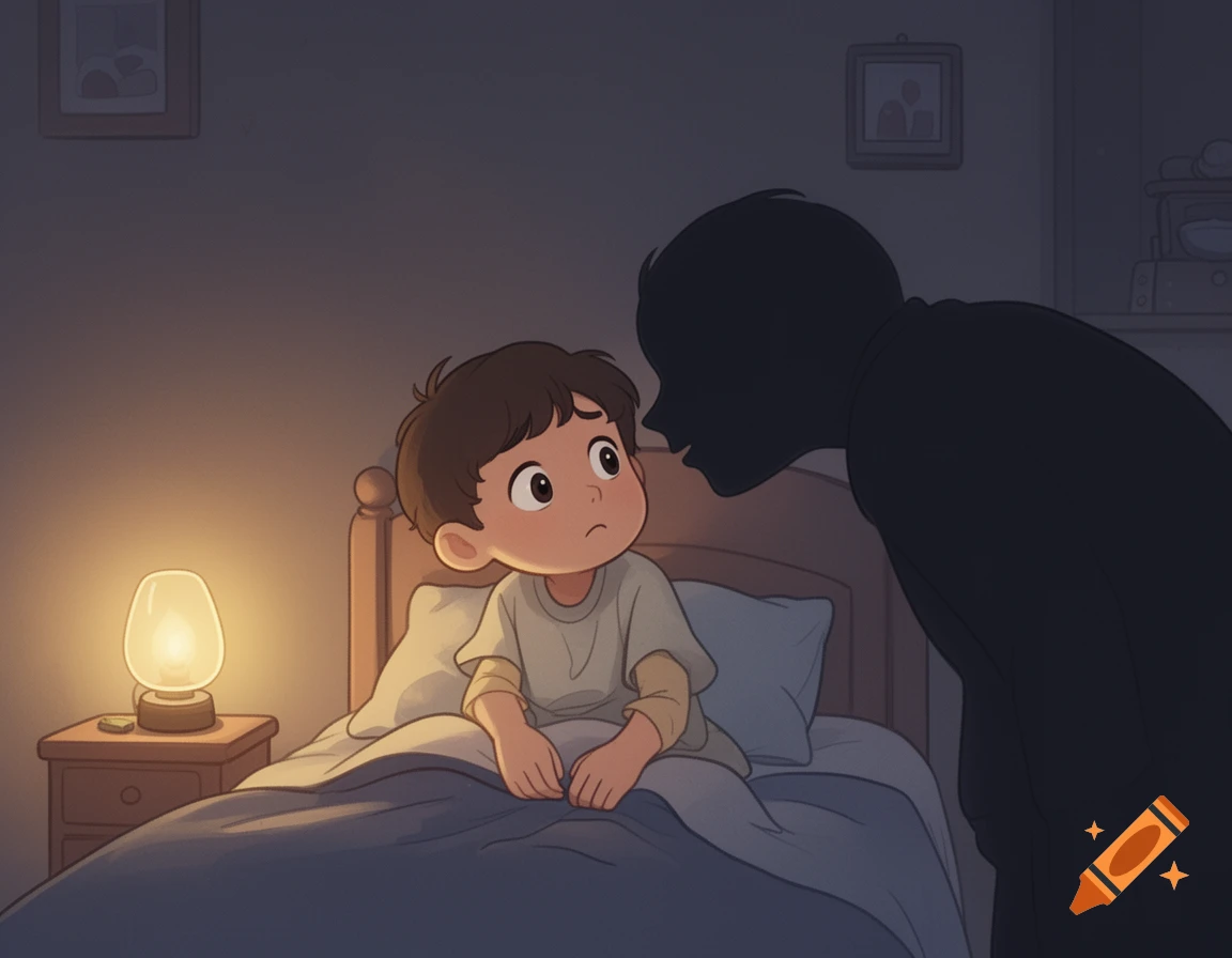 Cartoon of a confused child in bed at night, looking at a dark, whispering shadowy figure leaning over them.