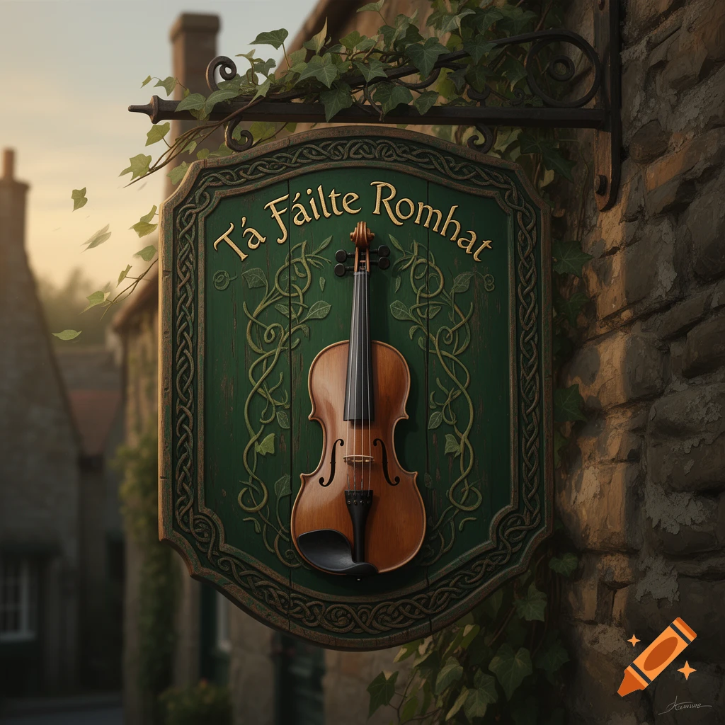 An ornate green wooden Irish pub sign with a violin hanging, featuring the text "T u00e1 F u00e1ilte Romhat", attached to a stone wall with ivy.