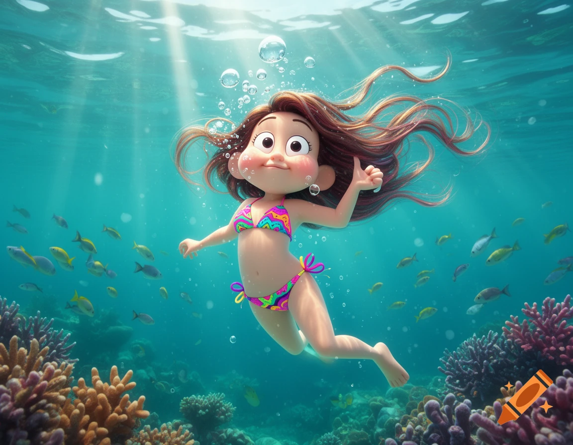 A cheerful cartoon girl with long brown hair and rosy cheeks swims underwater in a colorful patterned bikini, surrounded by tropical fish and coral reefs.