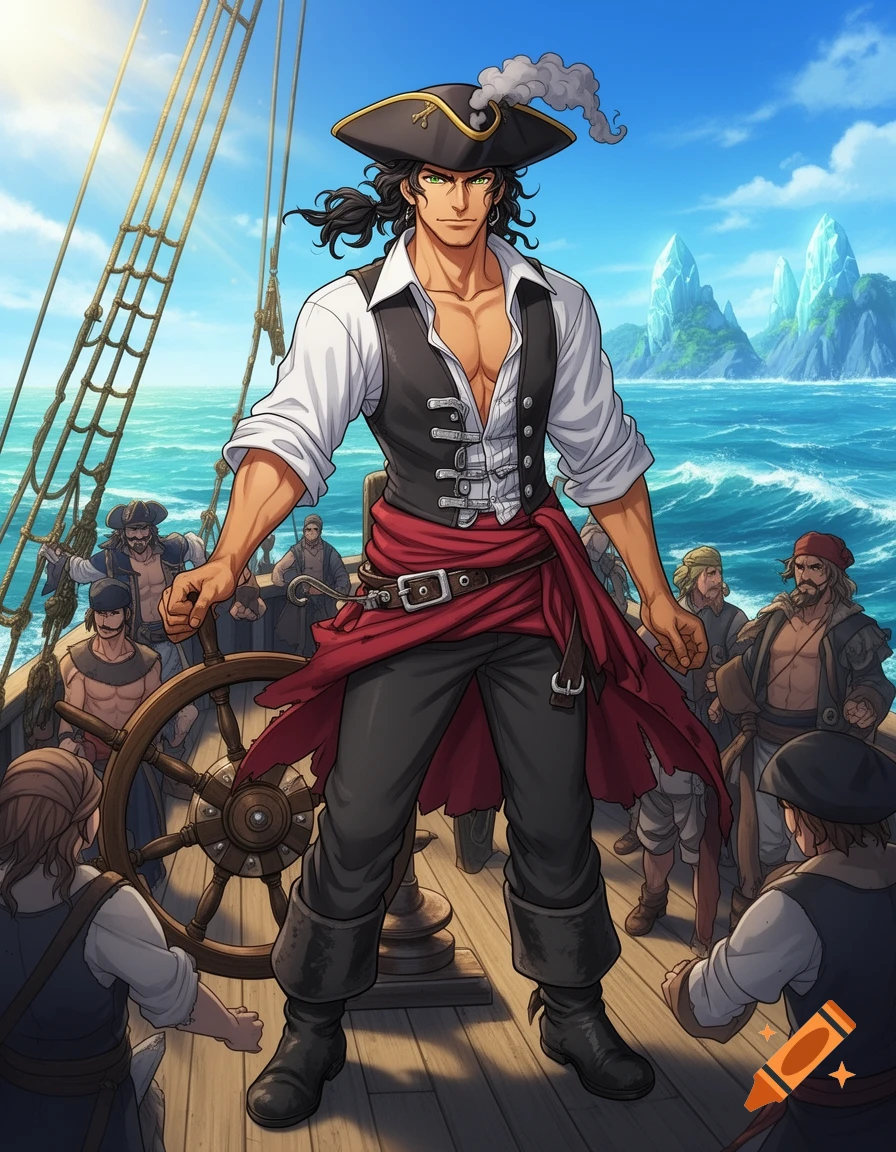 An anime-style male pirate captain with tan skin, green eyes, and black wavy hair stands on a ship's deck, surrounded by his crew.