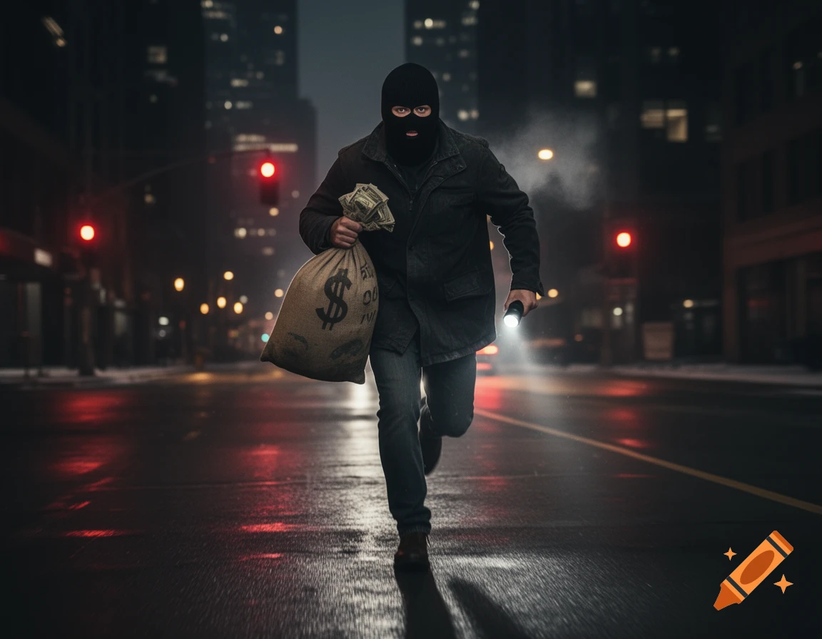 A masked bank robber runs down a city street at night, holding a large bag of money and a flashlight.