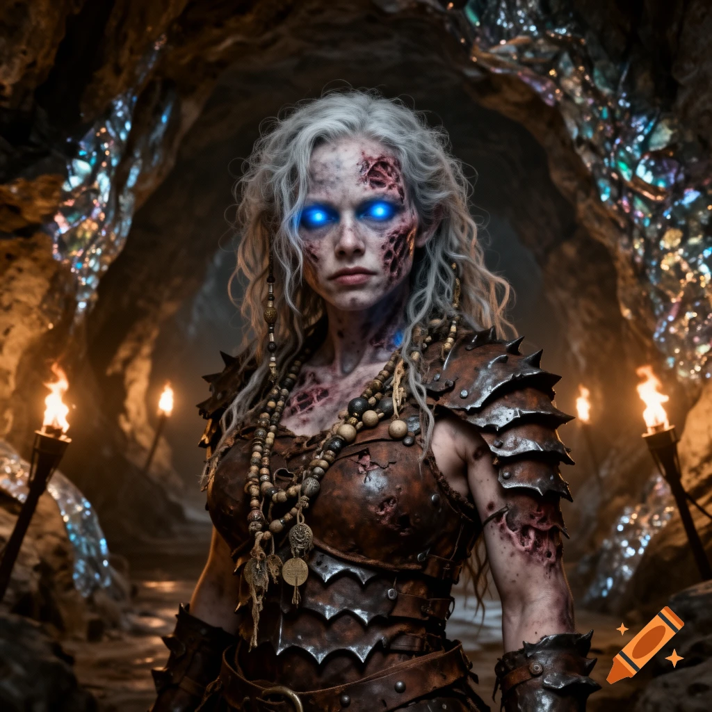 An undead female warrior with white hair, glowing blue eyes, and decaying skin, wearing leather armor in a torch-lit crystal cave.