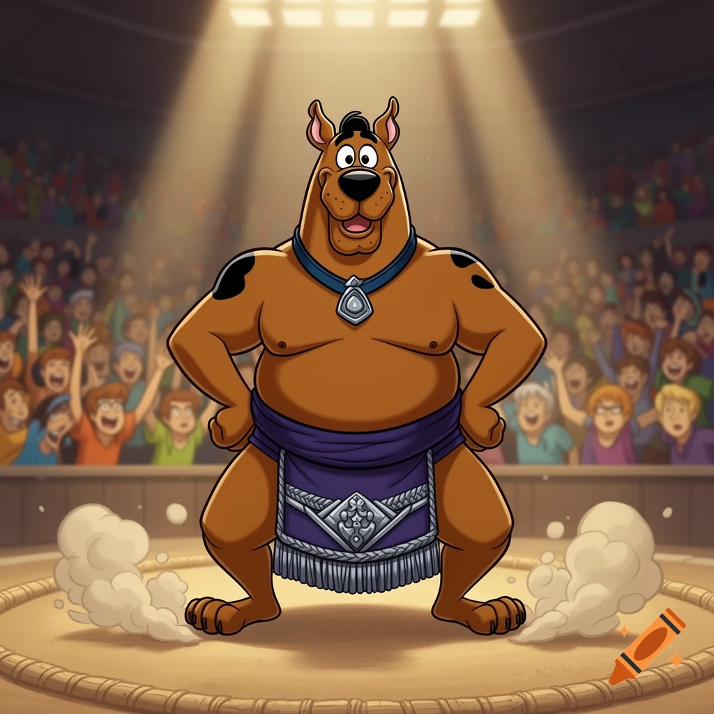 Cartoon Scooby Doo as a sumo wrestler in a ring, surrounded by a cheering crowd under spotlights.
