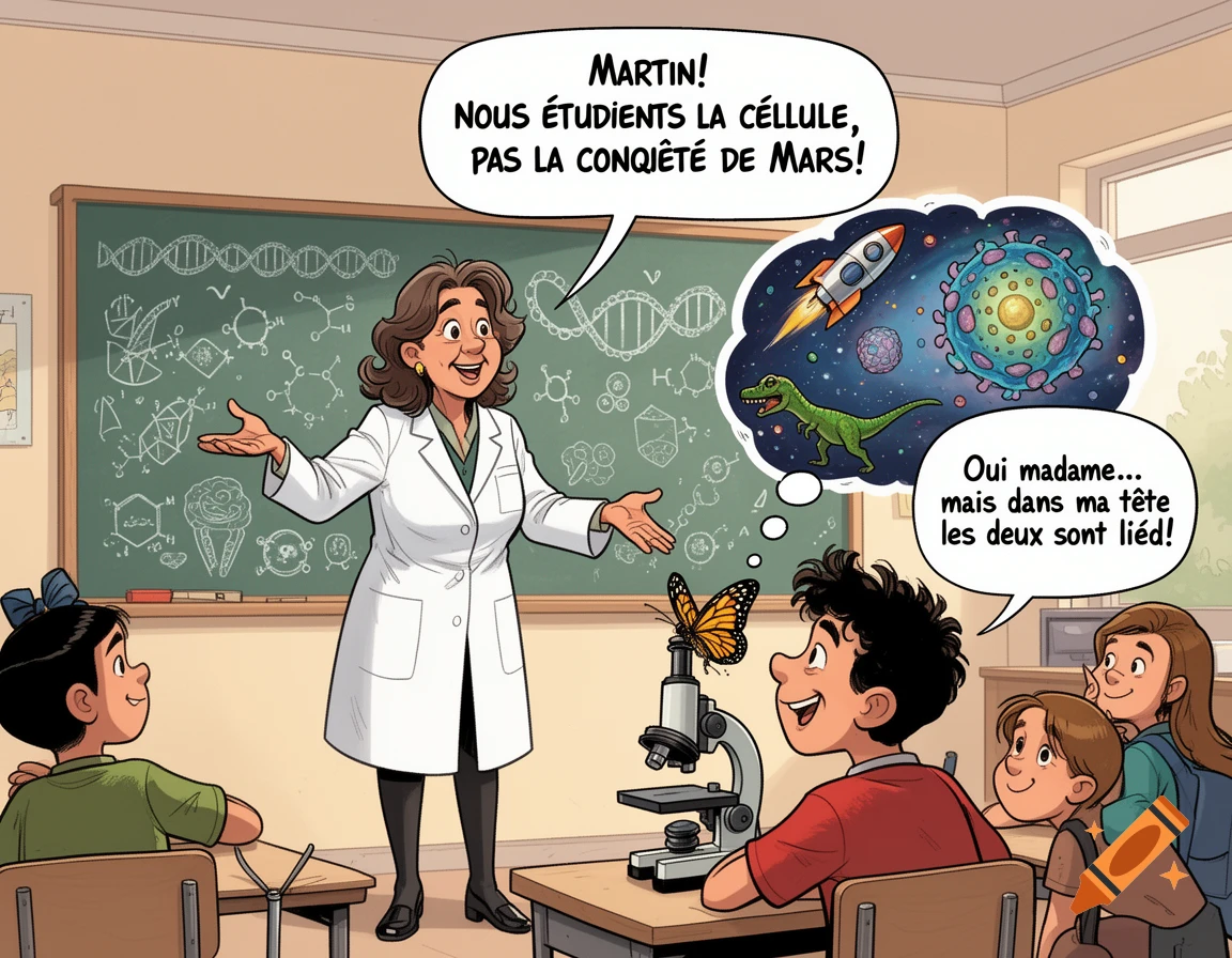 A cartoon science teacher lectures a distracted student in a classroom, with the student dreaming of space exploration and dinosaurs.