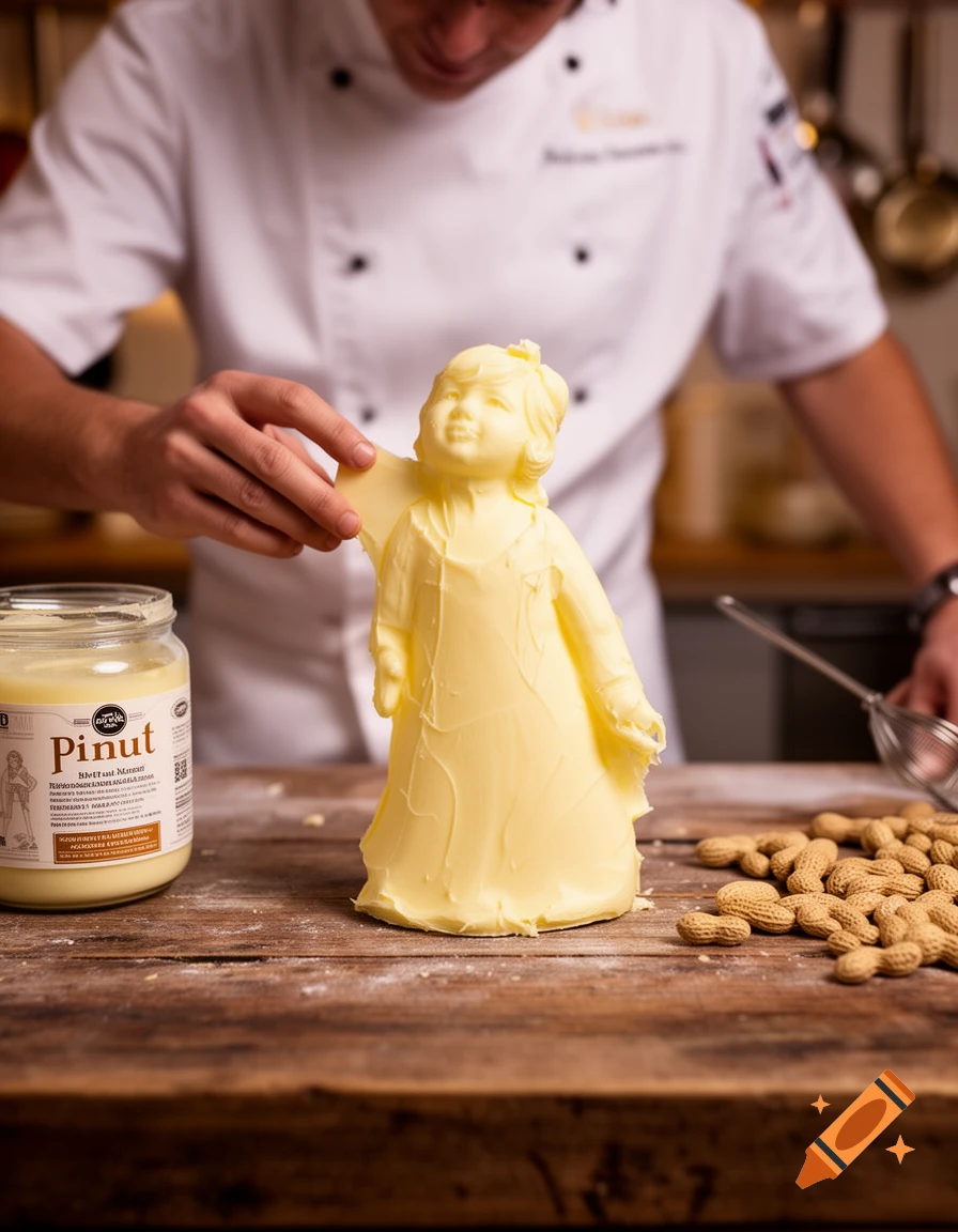 A chef sculpts a child-like figure from butter on a wooden table with a 'PINUT' jar and peanuts, photorealistic.