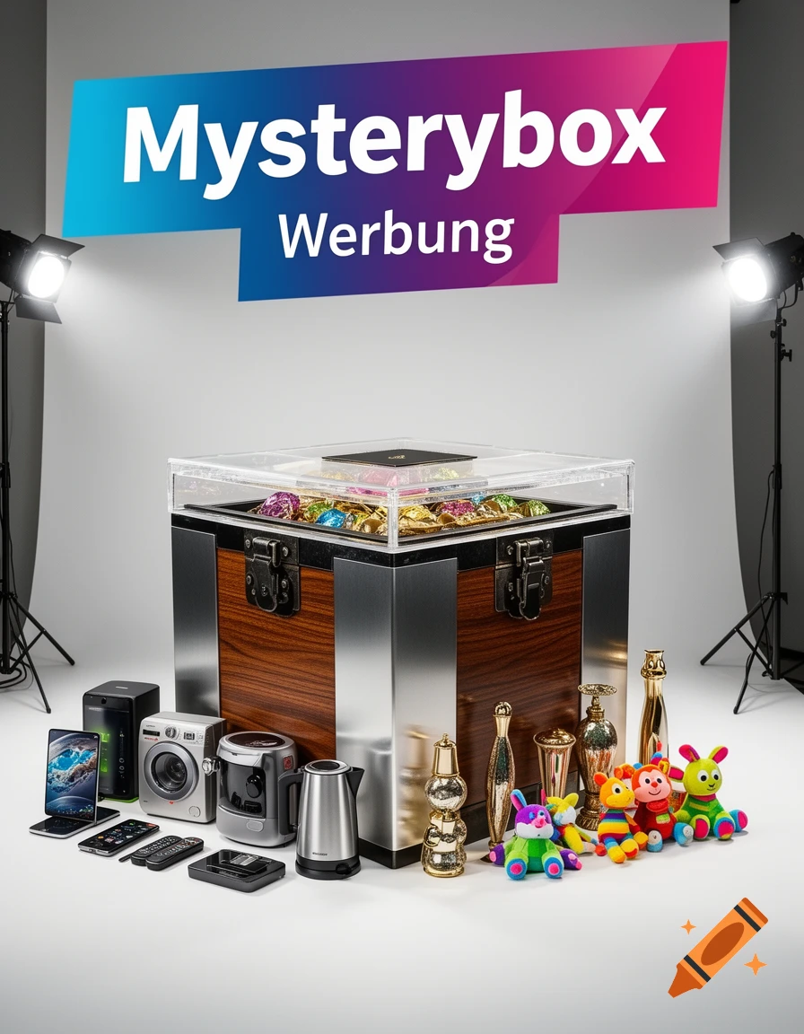 A studio shot of a 'Mysterybox' with electronics, household items, and colorful plush toys, under a banner reading 'Mysterybox Werbung'.
