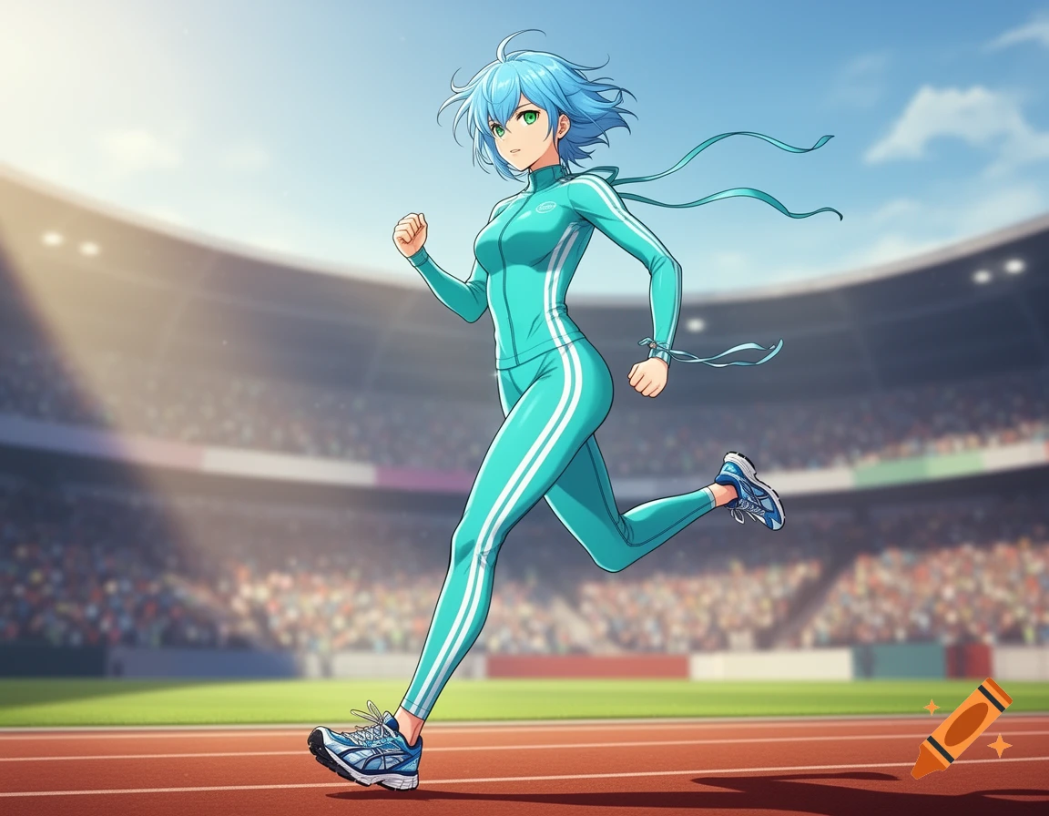 Anime woman with blue hair in a turquoise tracksuit runs on a stadium track.