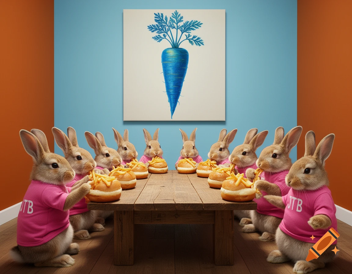 Eight bunnies in pink 'JTB' t-shirts sit at a wooden table, eating fries in buns, under a blue carrot painting on a blue and orange wall.