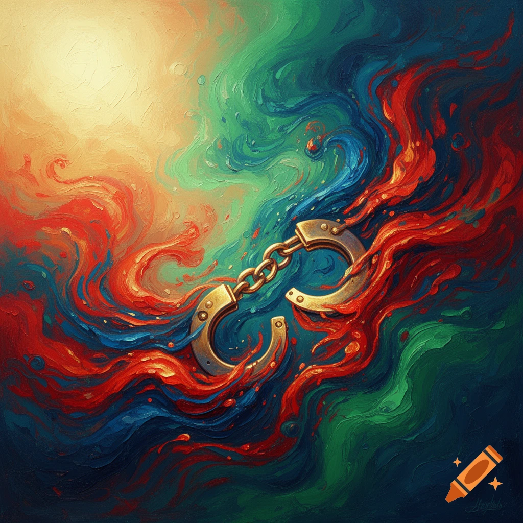 Golden shackles amidst a vibrant, swirling abstract painting of red, blue, and green liquid-like paint.