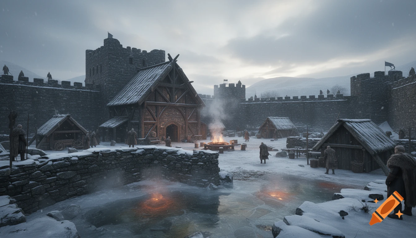 A photorealistic, wide-angle view of a snowy medieval stone fortress with wooden structures, figures in fur cloaks, and misty hot springs.