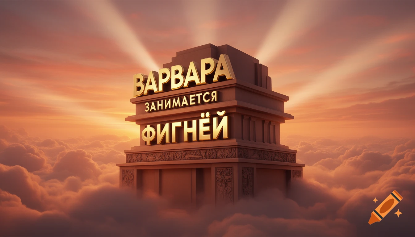 Grand cinematic architectural structure with gold text "ВАРВАРА ЗАНИМАЕТСЯ ФИГНЁЙ" rising from clouds at sunset.
