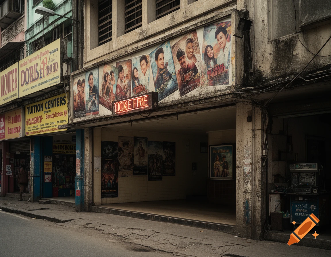An old, grimy cinema facade with fading movie posters and a neon 'TICKET FRIE' sign on a dark urban street.