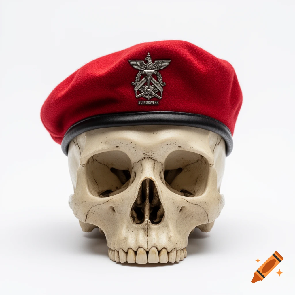 A photorealistic image of a skull wearing a red military beret with an insignia featuring an eagle and the word "BUINDSWERK" on a white background.
