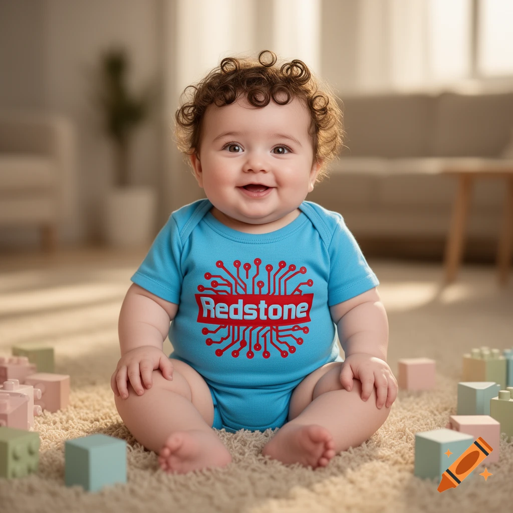 A happy baby with curly hair sits on a carpet, wearing a light blue onesie with a red 'Redstone' logo and circuit design.