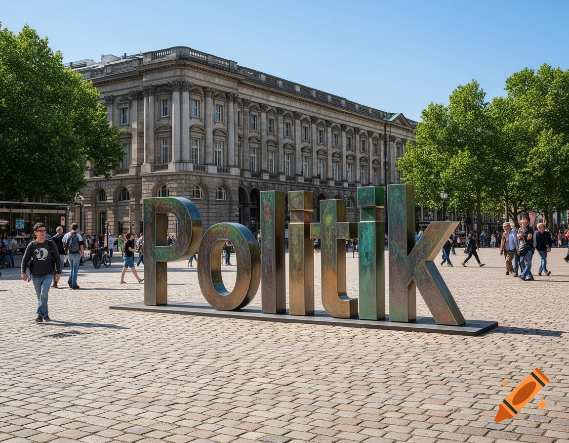 Photorealistic image of a large, multicolored "Politik" sculpture in a sunny public square with a grand building and people.