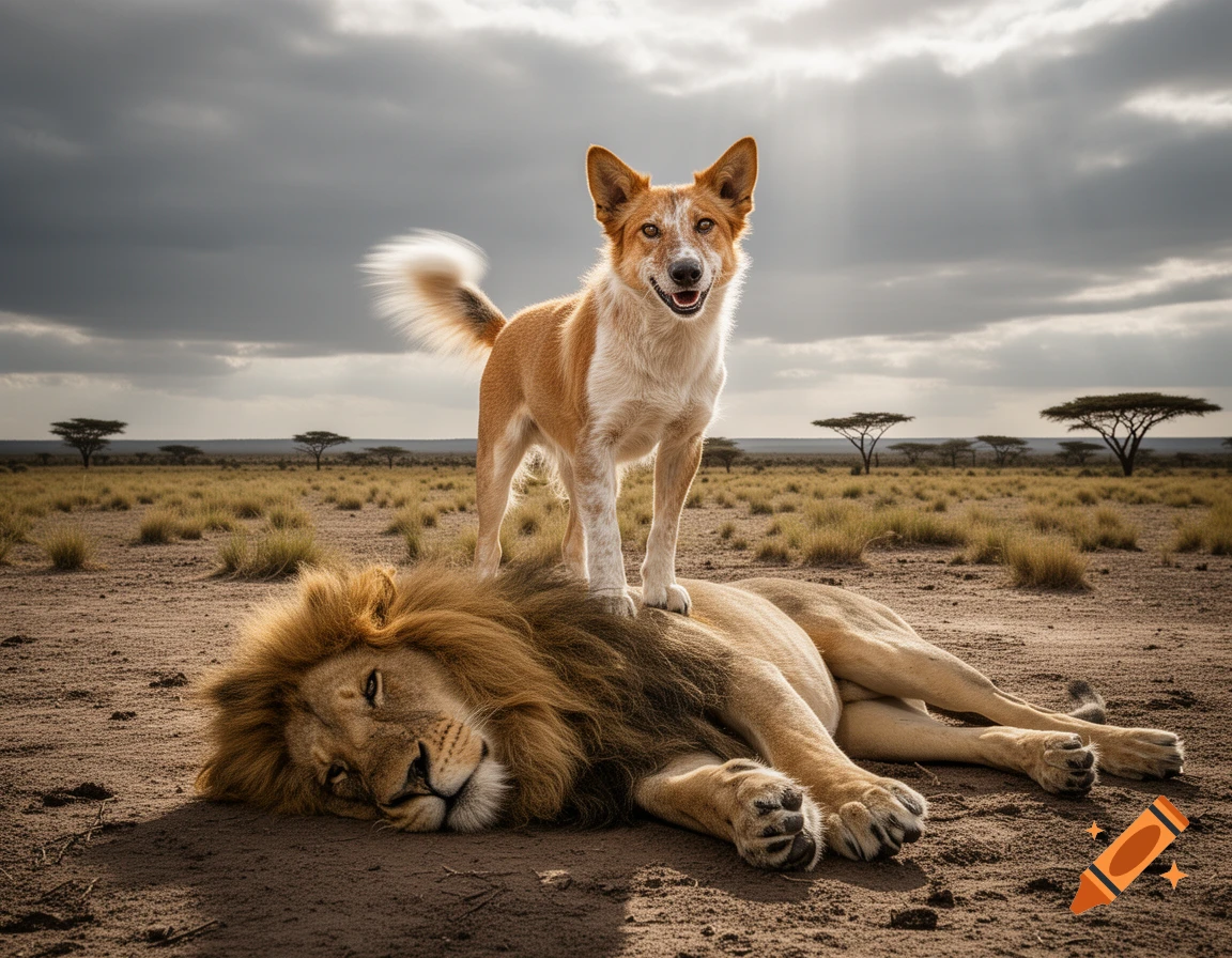 A proud dog stands on a sleeping lion in a vast savanna landscape under a dramatic, cloudy sky.