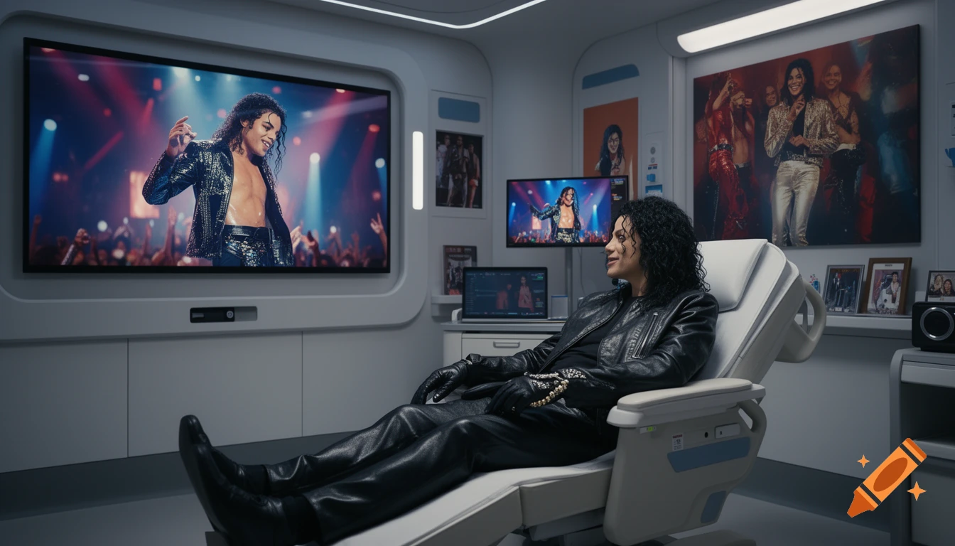 A person resembling Michael Jackson in a futuristic hospital room watches a performance of himself on a large TV screen.