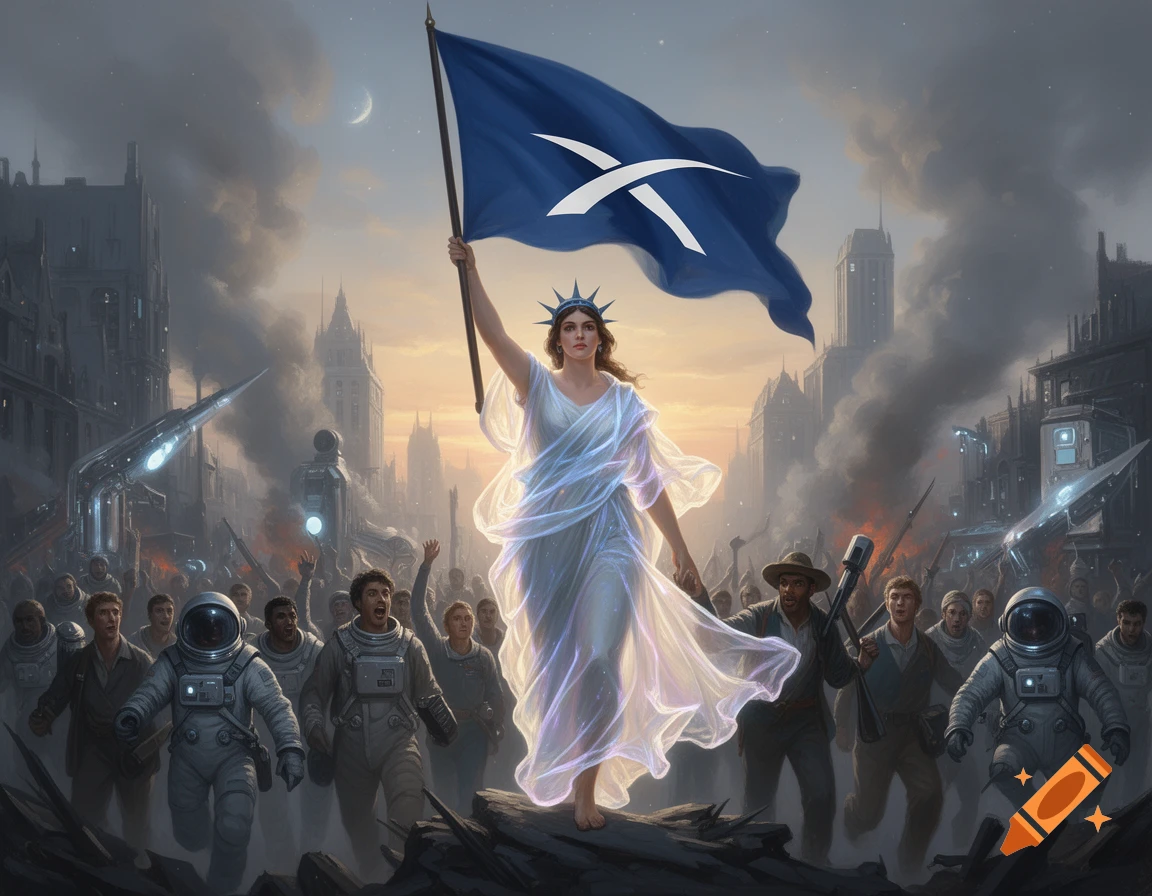 Painting of a Lady Liberty figure holding a SpaceX flag, leading a crowd including astronauts through a smoky, futuristic cityscape.