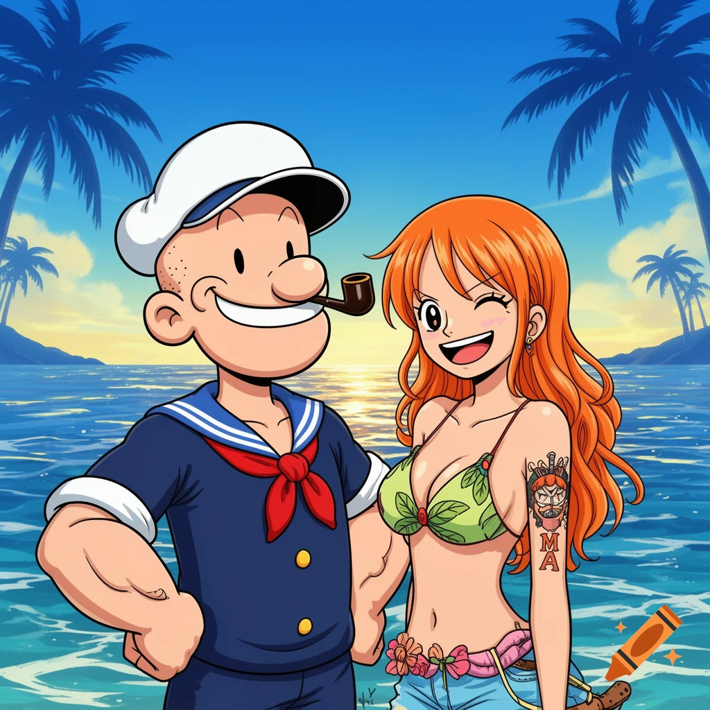 Cartoon style depiction of Popeye the Sailor and Nami from One Piece smiling on a tropical beach at sunset.