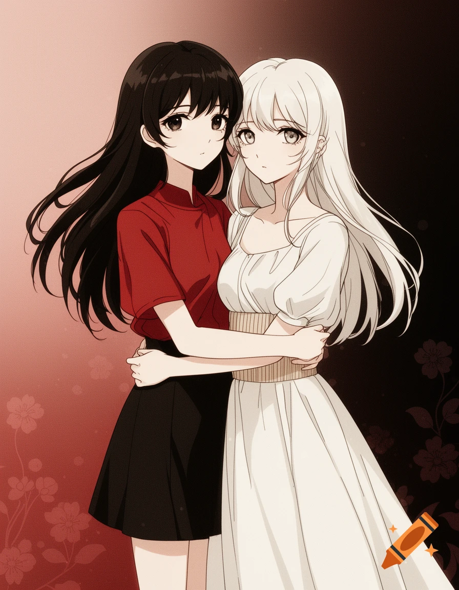 Two anime girls with long black and white hair hug against a split red and dark background with floral patterns.