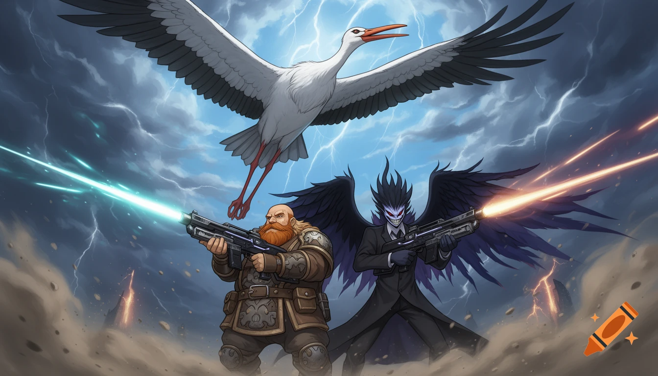 A fantasy dwarf and a demon-like figure with wings shoot laser guns at a flying stork under a stormy, lightning-filled sky in an anime-fantasy style.