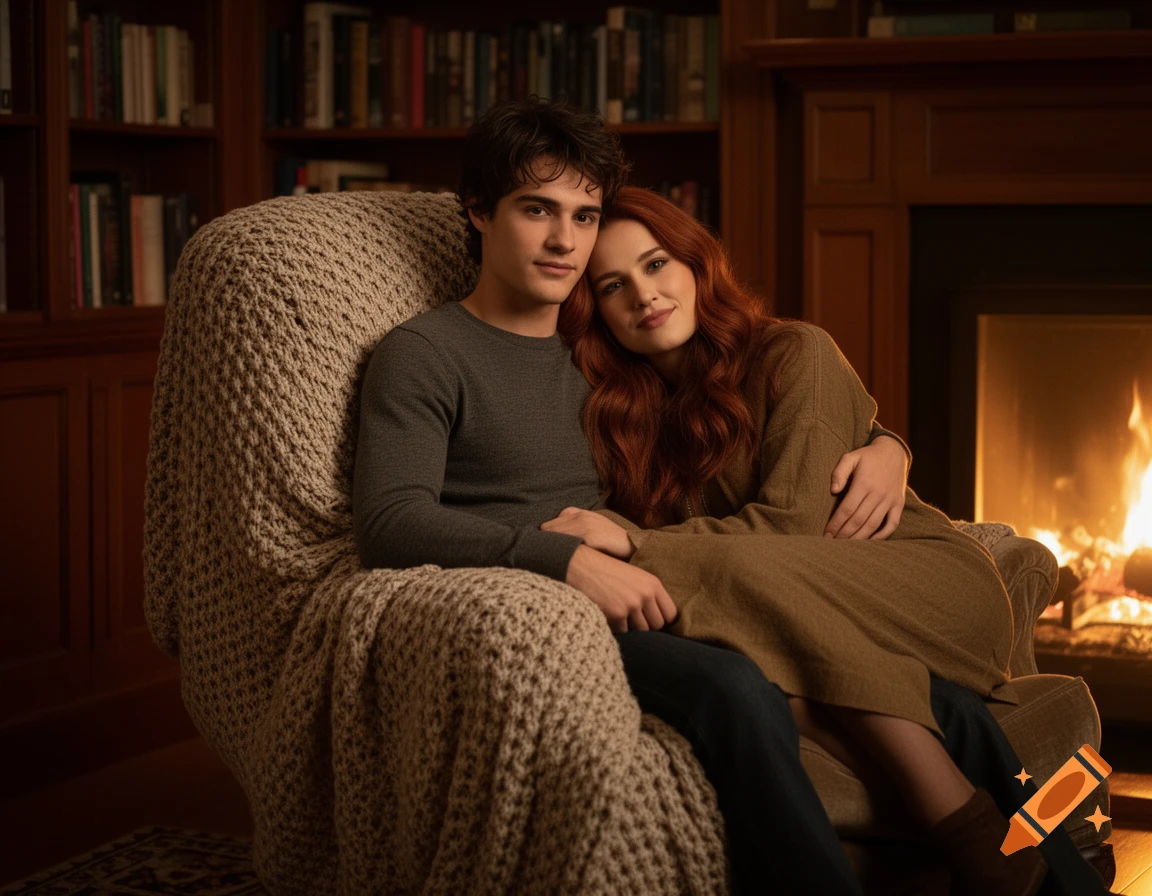 A young man and woman with red hair cuddling in an armchair by a fireplace in a cozy, book-lined room.