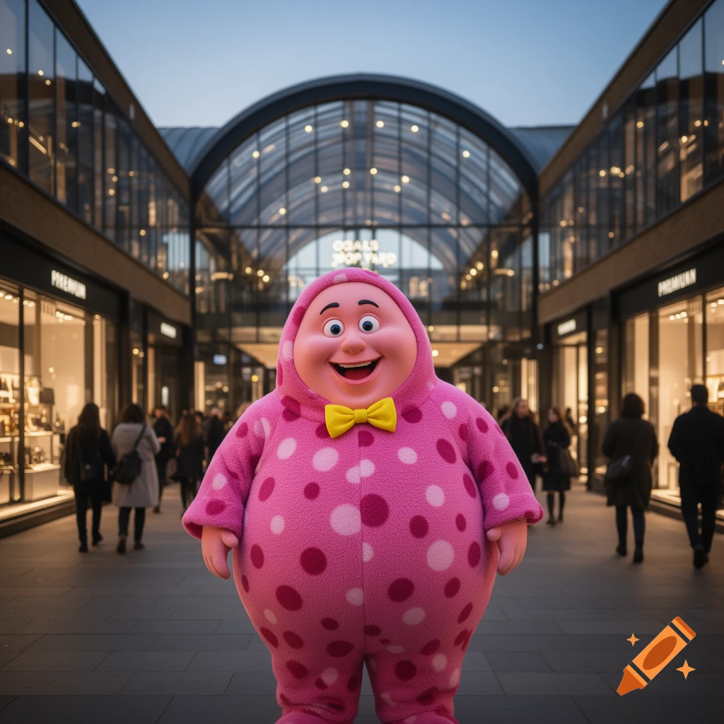 A pink Mr. Blobby-like character with white polka dots and a yellow bow tie stands in the middle of a shopping mall. People walk in the background.
