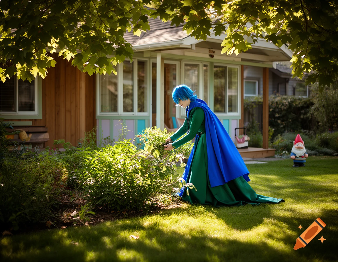 A person with blue hair in a green dress and flowing blue cape tends to a lush garden in front of a house, with a gnome nearby.