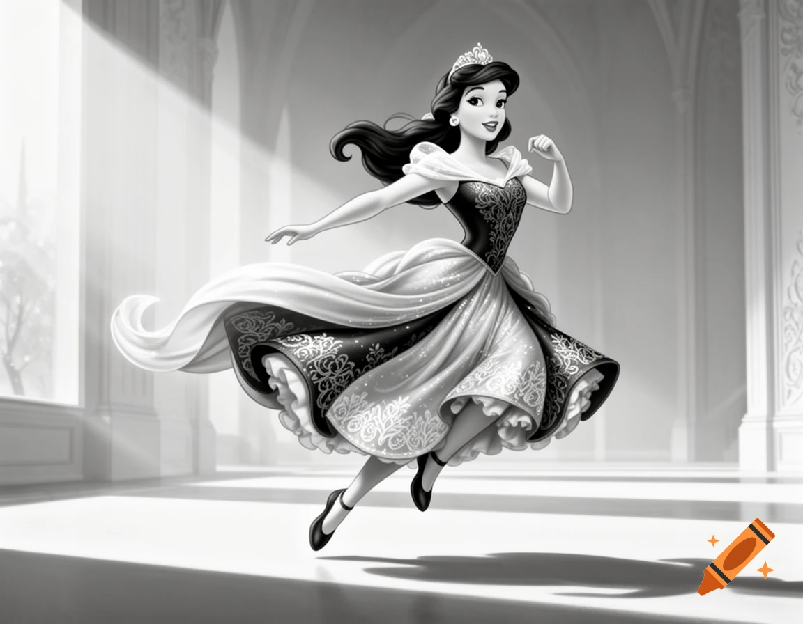 Black and white illustration of a Disney princess with a crown leaping gracefully in an elegant hall.
