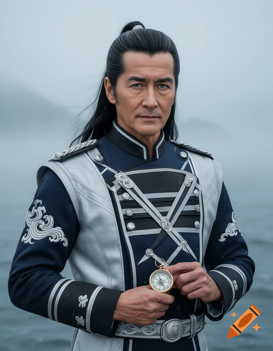 A serious-looking man with long dark hair tied back, wearing an ornate blue and silver naval uniform, holding an antique compass against a misty sea background.