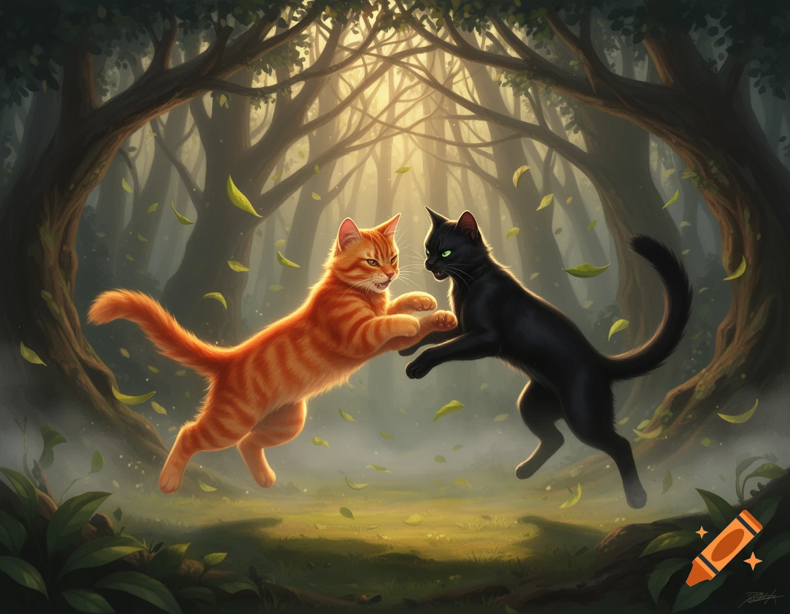 An orange tabby cat and a black cat leap mid-air, playfully fighting among falling leaves in a sunlit, mystical forest.