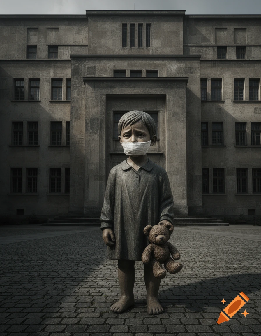 A somber, photorealistic statue of a child with a masked mouth, holding a teddy bear, stands before a large, brutalist building.