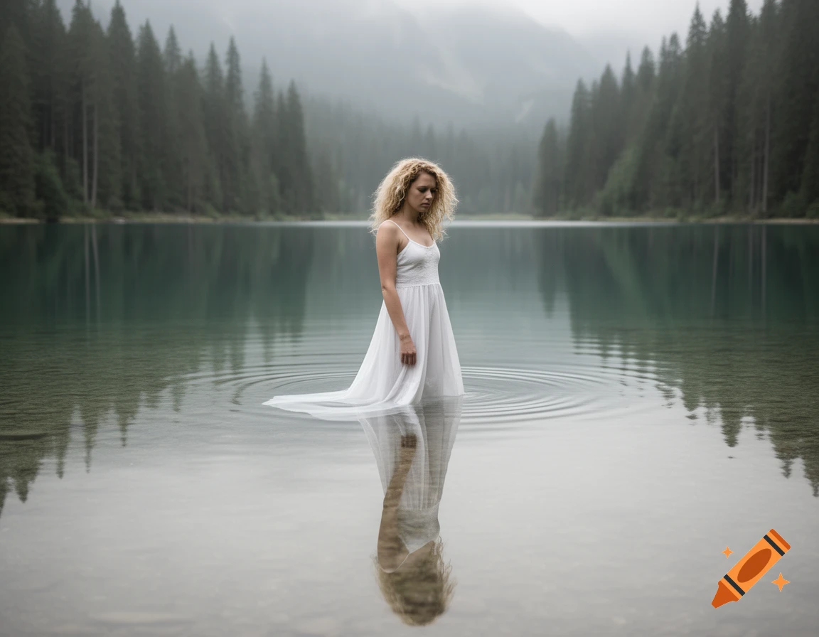A sad blonde curly-haired woman in a white dress stands in a calm lake surrounded by a misty forest.