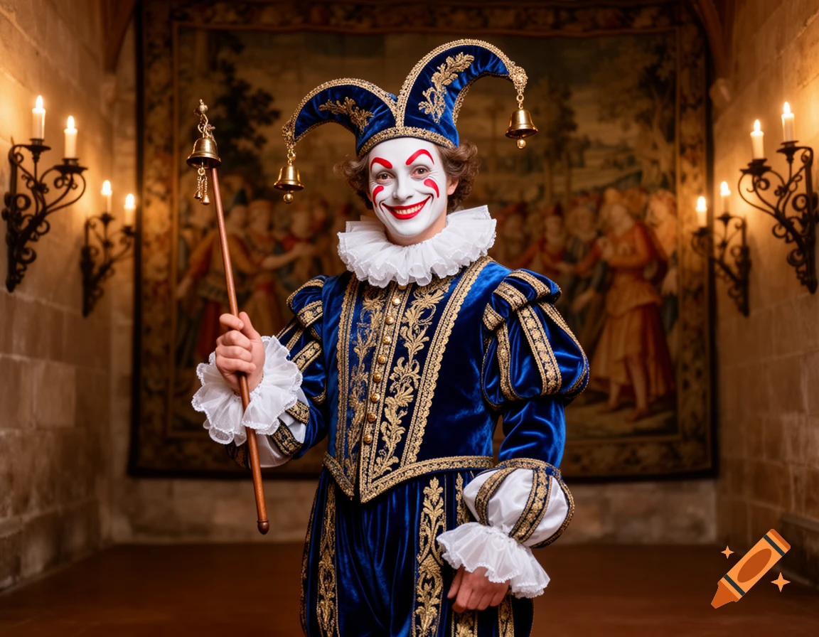 A smiling jester in an elaborate blue and gold Renaissance costume, wearing face paint, holds a staff in a warmly lit hall.