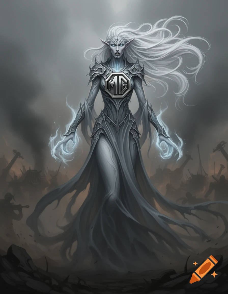 A dark fantasy illustration of a banshee-like creature with long white hair, pointed ears, and glowing blue eyes and hands, wearing armor with an MG logo on the chest, standing amidst a desolate, war-torn landscape.