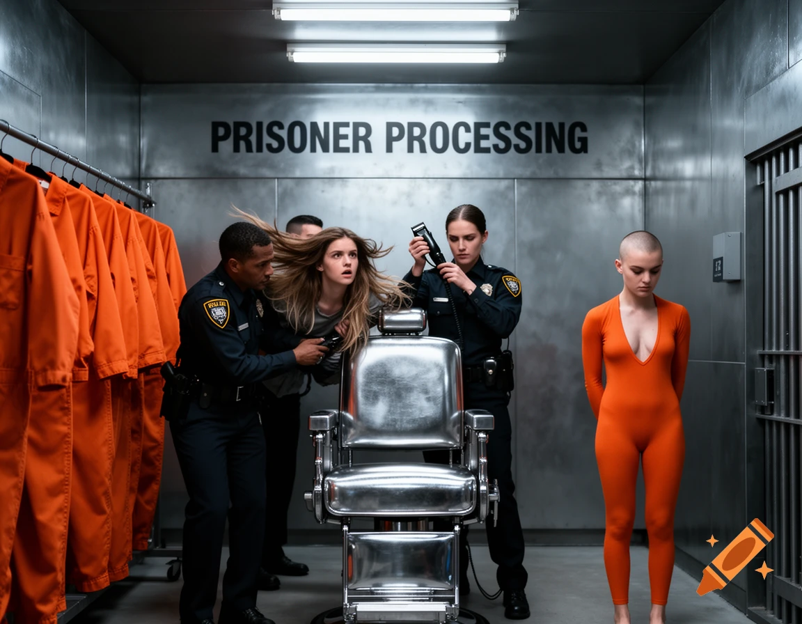 Photorealistic image of a futuristic prison processing room where guards hold a struggling woman near a barber chair, while another woman with a shaved head in an orange bodysuit stands nearby.