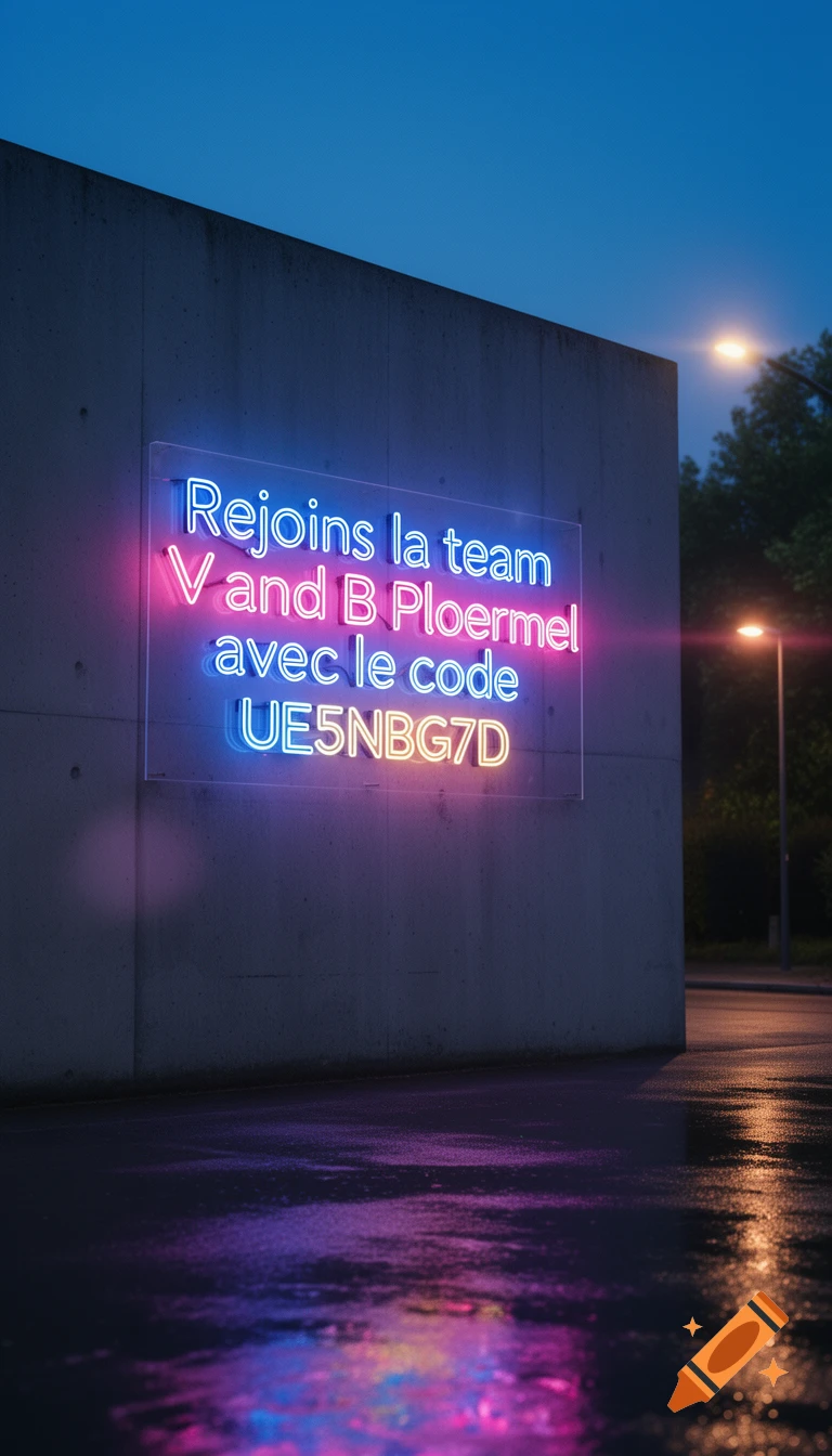 Photorealistic neon sign on a concrete wall at dusk, reflecting vibrant blue and pink colors on wet ground near a streetlight.