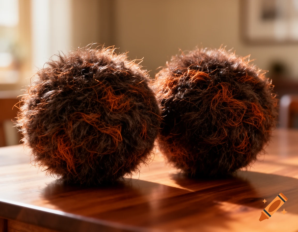 Two fuzzy brown and orange spherical objects sit on a polished wooden table, illuminated by warm sunlight from the left.