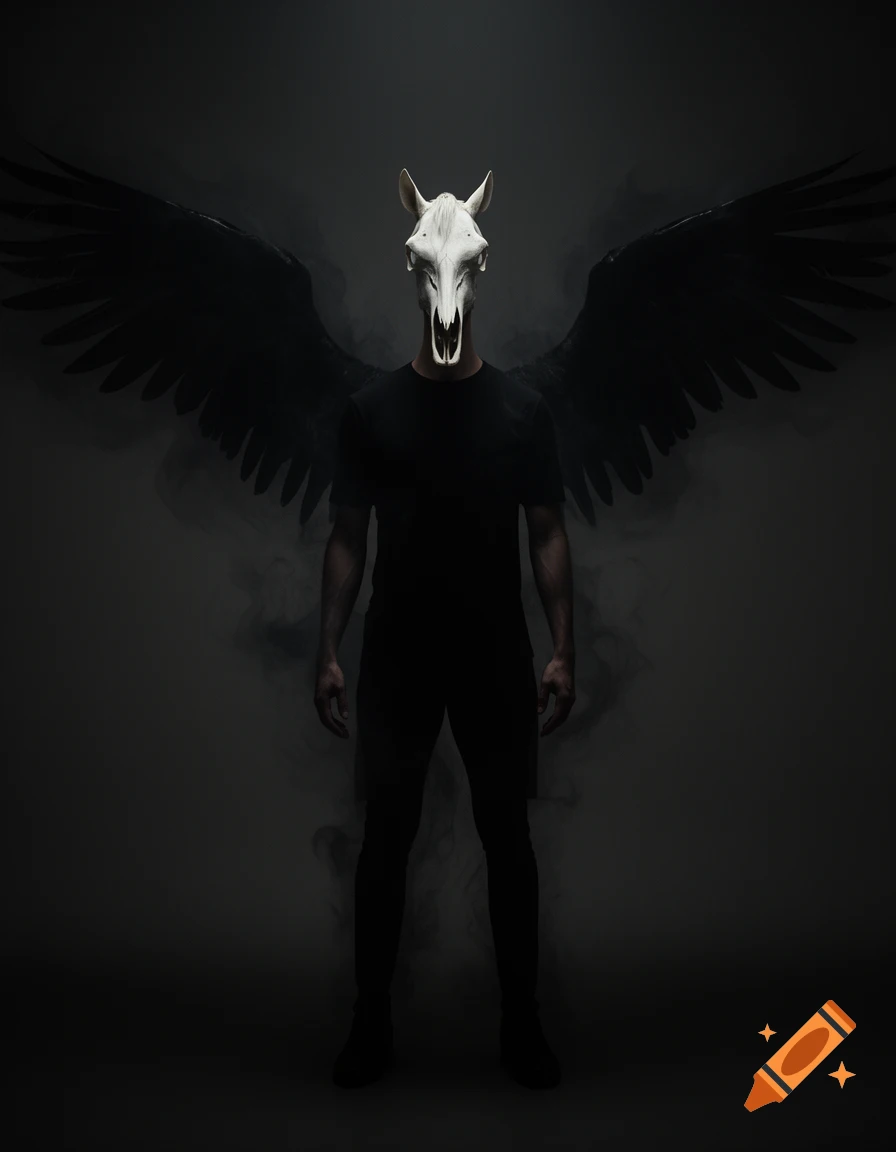 A person with a white horse skull mask, dark clothes, and large black wings stands in a dark, smoky room.
