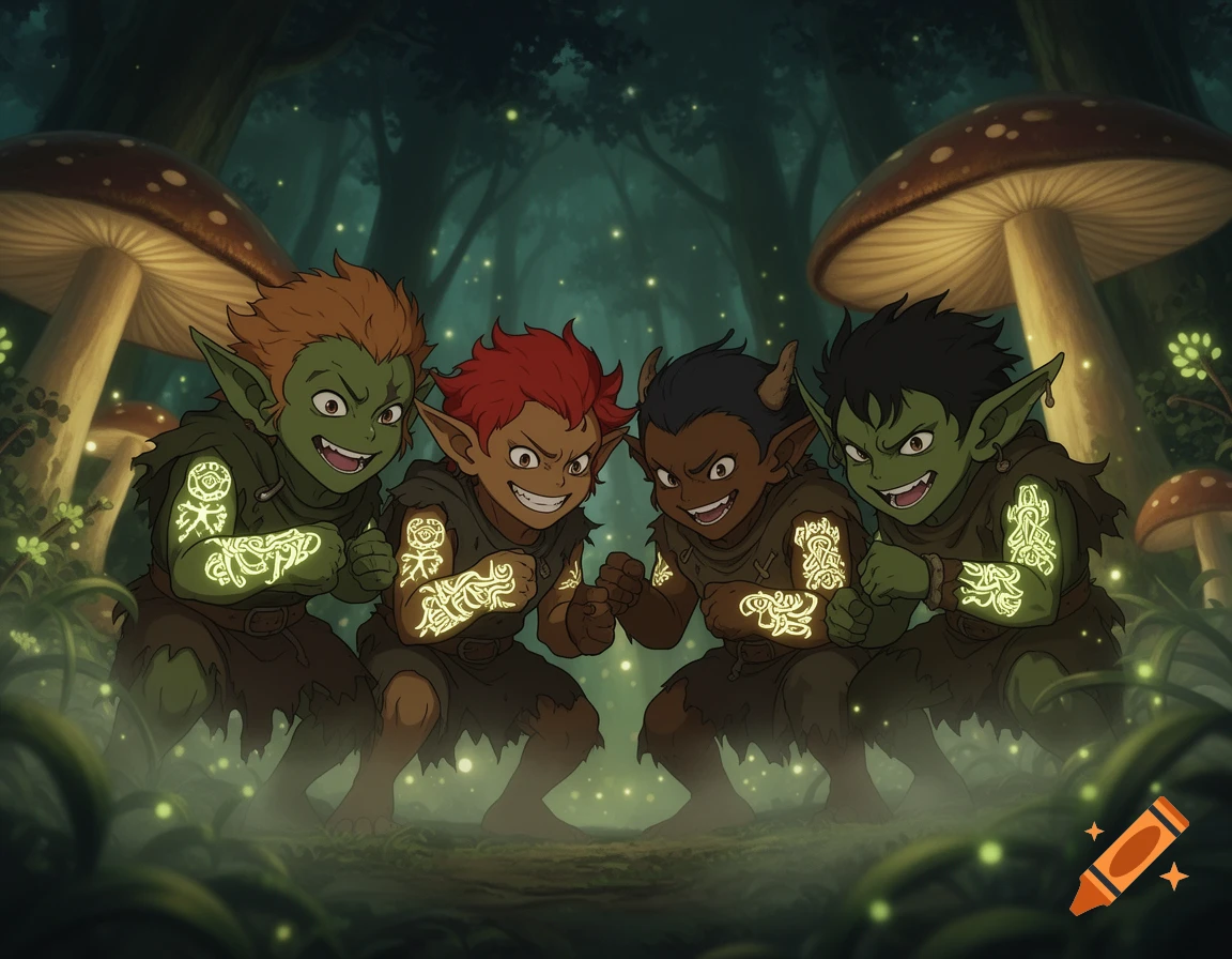 Four anime-style goblins with glowing tattoos pose in a mystical forest with large mushrooms and fireflies.