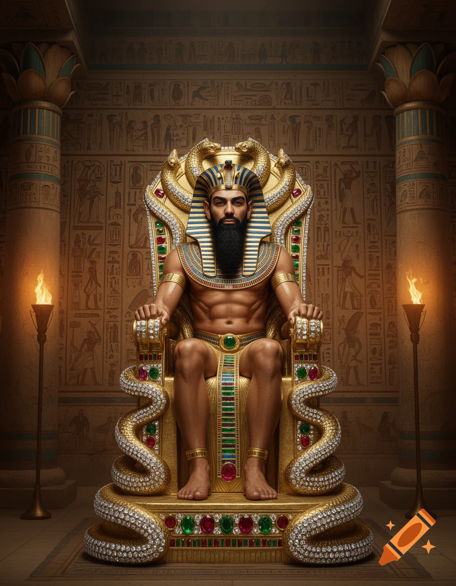 Majestic pharaoh with black beard, gold headdress and armor, sitting on a jewel-encrusted golden throne with snake accents, in an ancient Egyptian temple with torches.