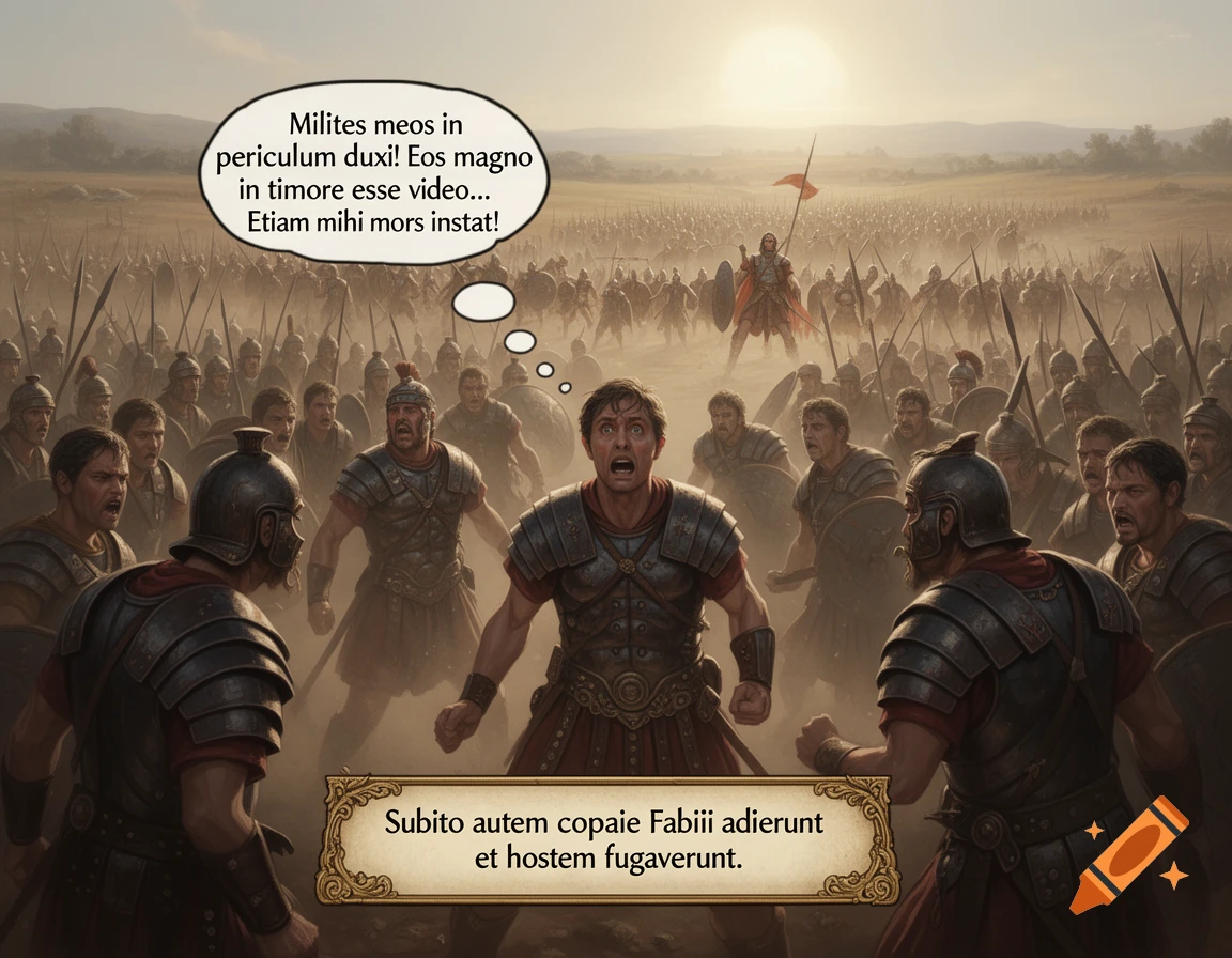 Roman soldiers on a dusty battlefield. A commander looks fearful as another army approaches, with Latin text bubbles.