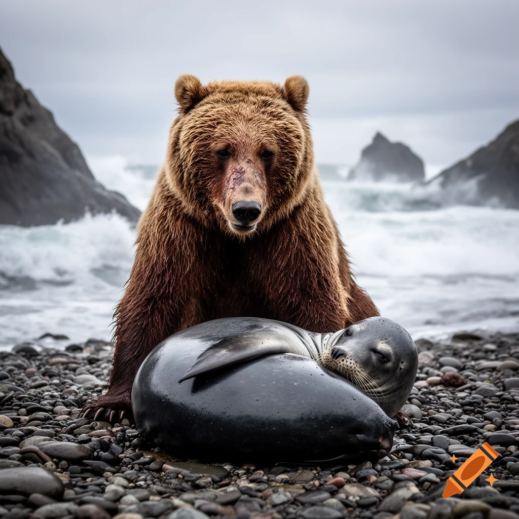 Photorealistic image of a brown grizzly bear sitting behind a gray seal on a rocky beach with crashing waves and distant cliffs.