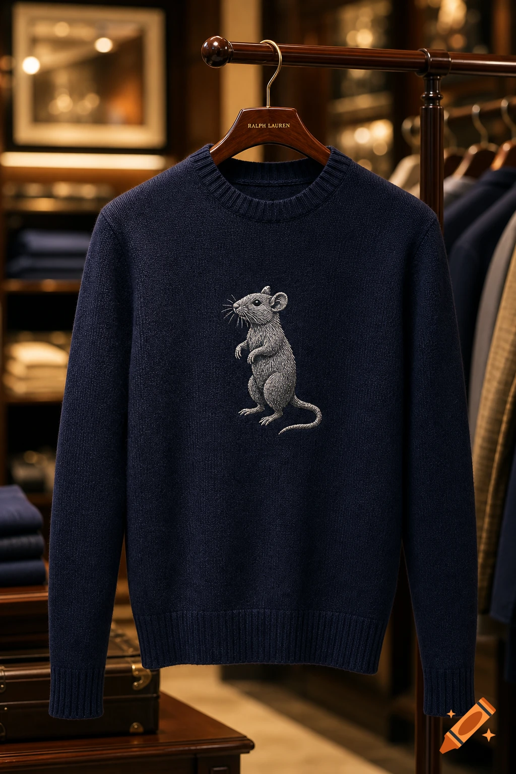 A navy blue knitted sweater featuring an embroidered gray rat, hanging on a wooden Ralph Lauren hanger in a retail store setting.